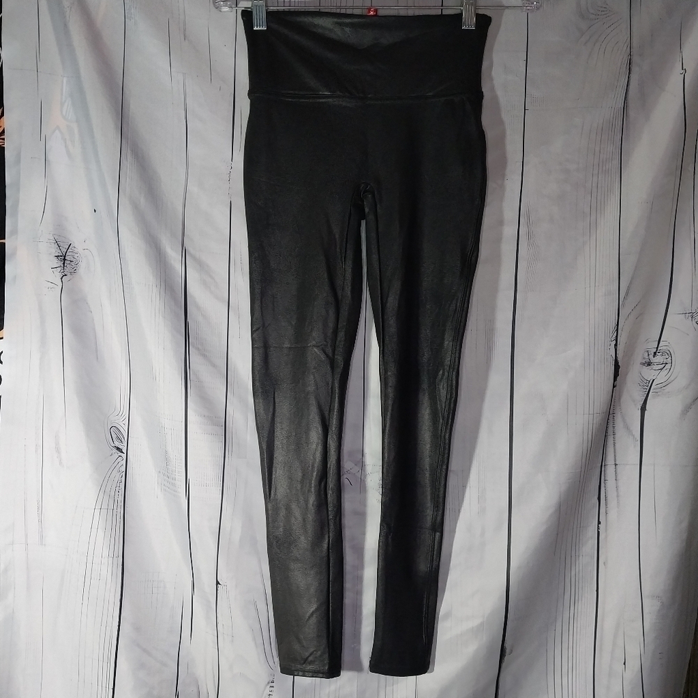 Spanx Black Shiny Faux Leather Moto Chic Edgy Gorpcore Leggings Womens M